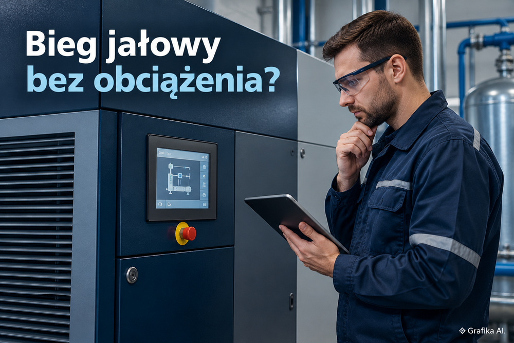 Technik analizuje panel sprężarki śrubowej, która nie przechodzi na obciążenie