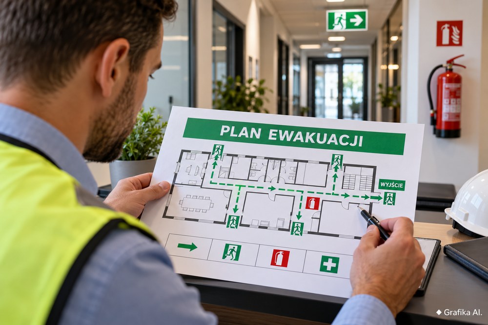 Ilustracja AI: specjalista sprawdza plan ewakuacji w korytarzu budynku