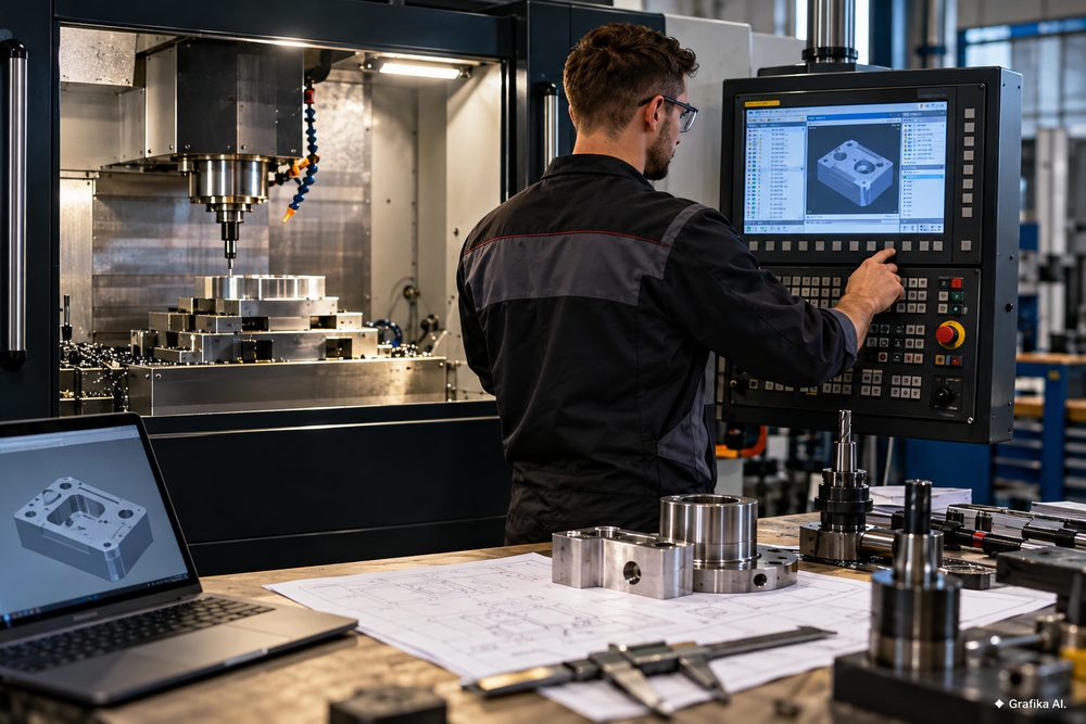 Praca przy obrabiarce CNC i projekcie CAD – grafika AI