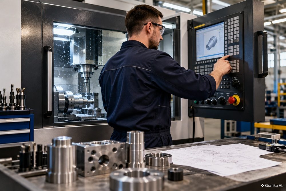 Operator CNC pracuje w zakładzie obróbki metalu